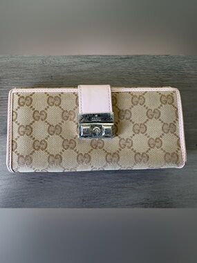 Vintage Gucci GG Monogram Canvas Pink Leather Continental Wallet w/ Box